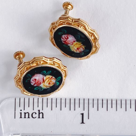 VTG 1950s Reverse Painted Glass Floral Screw Back Earrings Gold Tone - Picture 6 of 9